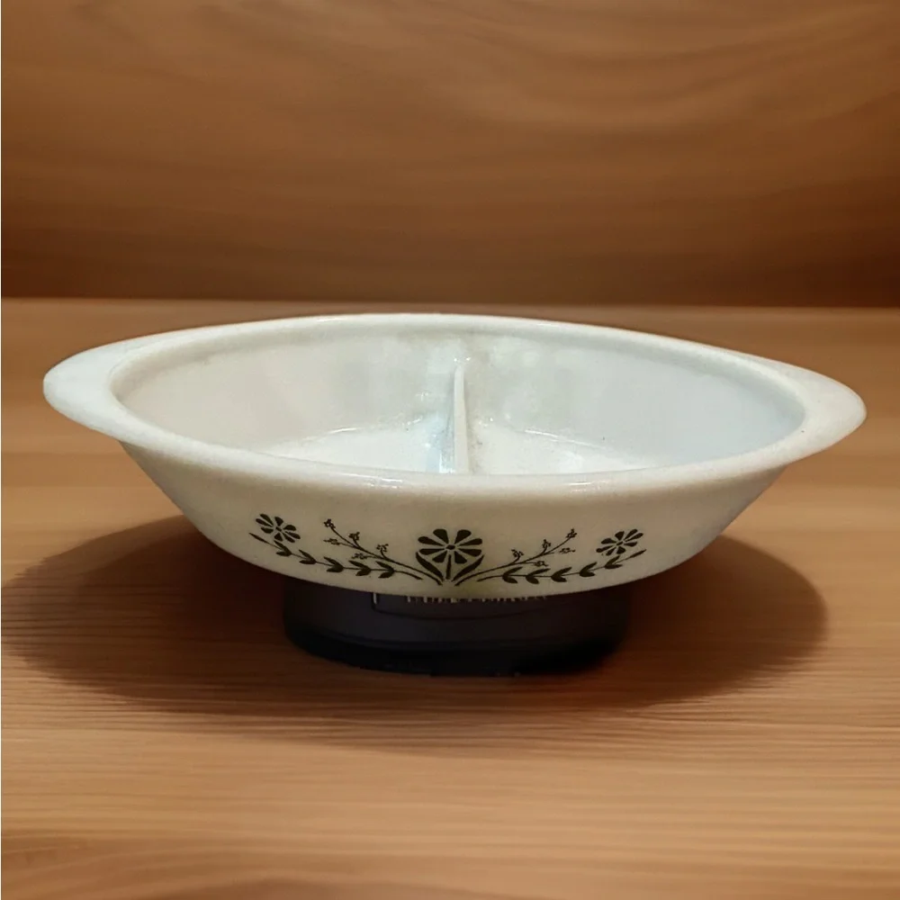 Vintage Glasbake Divided Casserole Dish J-2352 (Green Daisy Milk Glass Oval)